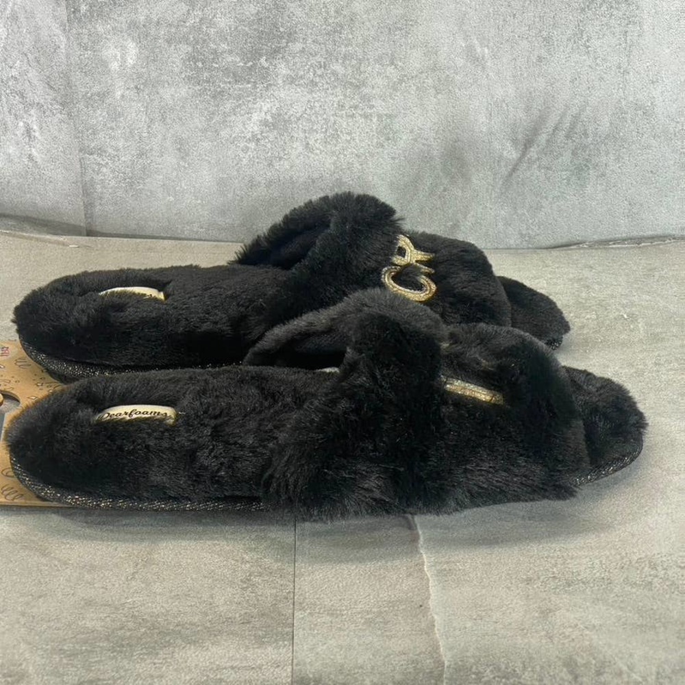 Dearfoams Women's Black Faux-Fur Memory Foam I do Crew Slide Slippers SZ XL - Picture 3 of 9